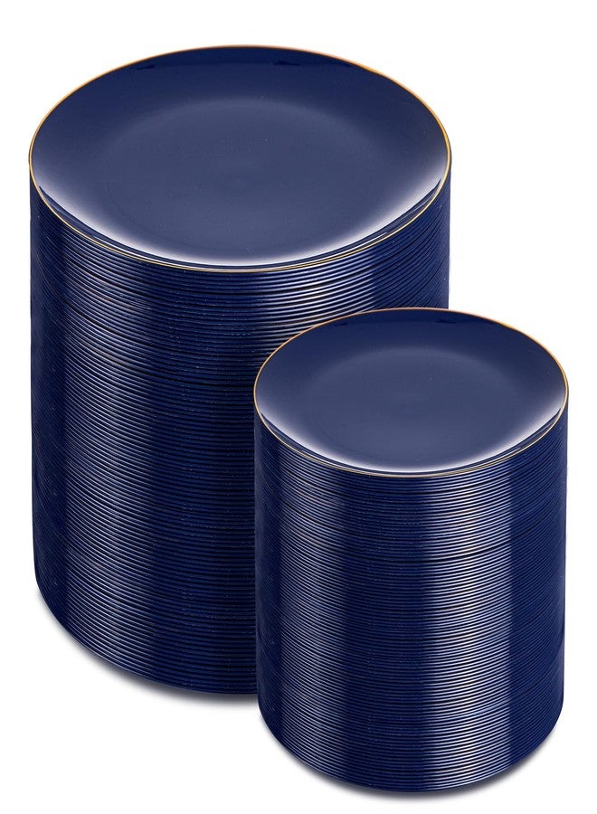PULOTE 200 Pieces Blue Plastic Plates - Navy Blue and Gold Disposable - Include 100PCS 10 inch Dinner & 100PCS 7 inch Dessert Plate for Party & Labor Day - Image 1
