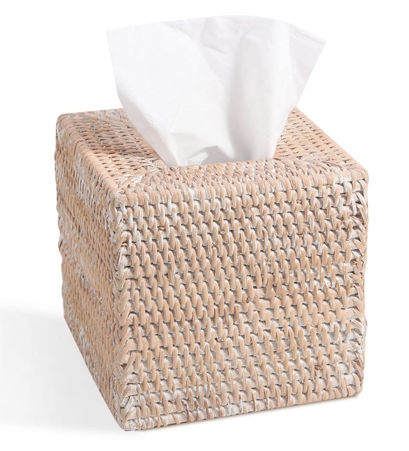 Livelab Rattan Tissue Box Cover Square Hand Woven Natural Wicker Tissue Box Holder Organizer Farmhouse Country Decor 55X55X57 Whitewash