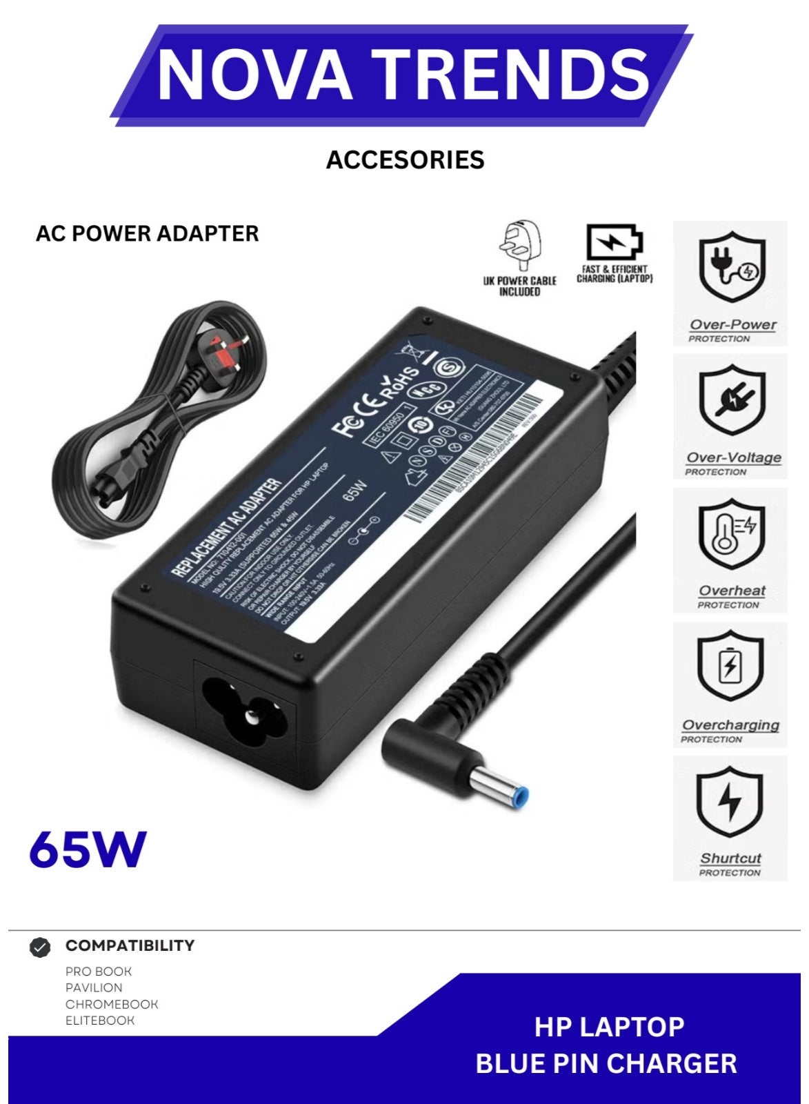 65W 19.5V 3.33A AC Replacement HP Laptop Charger, 710412-001, 709985-002, PA-1650-30HE Compatible with HP 250 255 G2 G3 G4 G5 Series, HP Pavilion 15 Series Notebook, HP Elite Book, Chromebook 14,