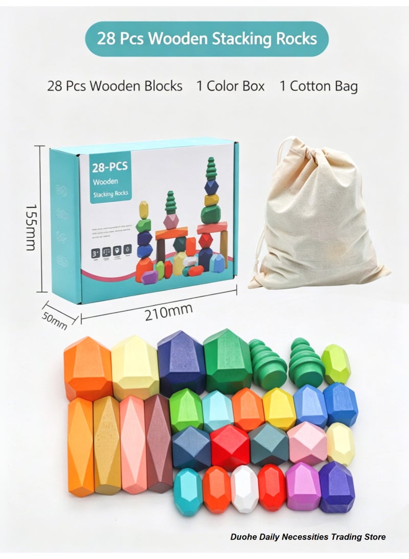 Wooden Rainbow Stacking Rocks for Kids, 28 PCS Sensory Balancing Toys Educational STEM Set, Creative Montessori Building Kit Ages 3+ - Image 1