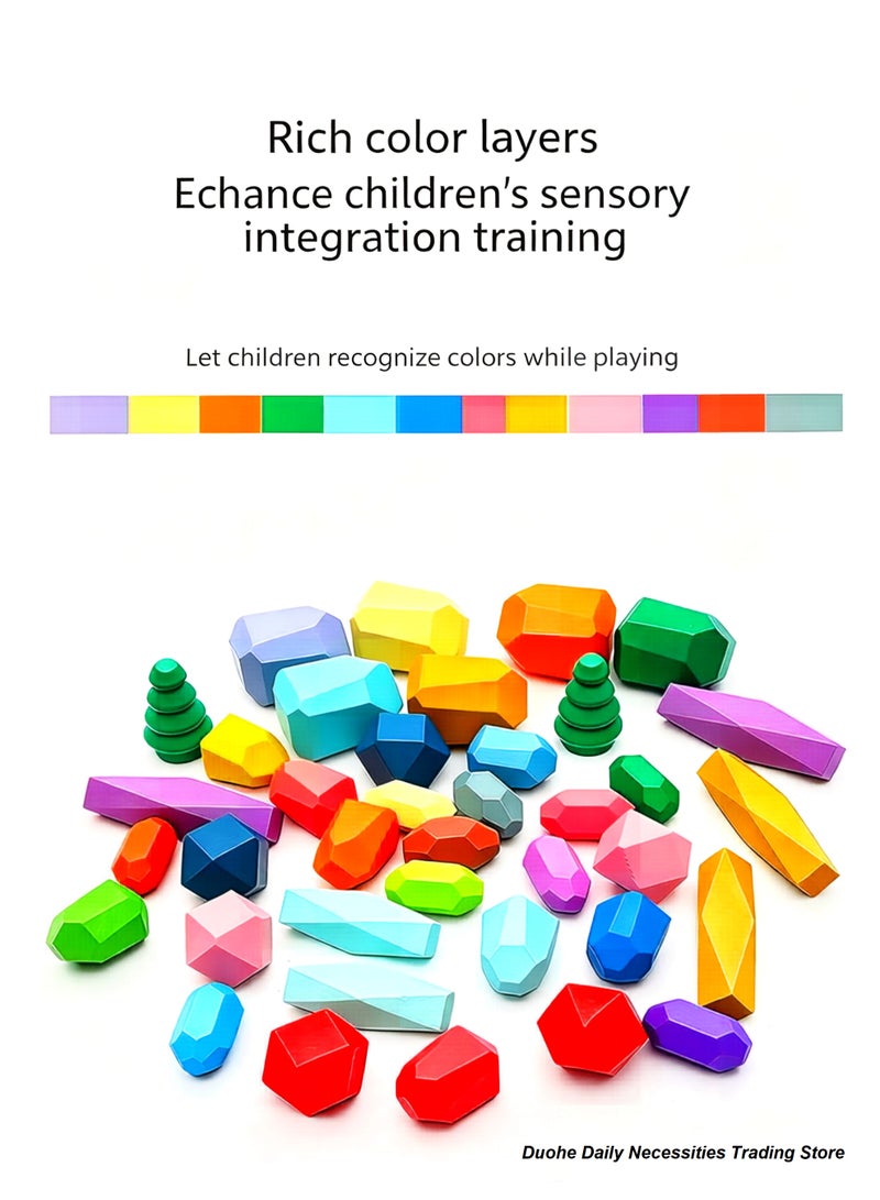 Wooden Rainbow Stacking Rocks for Kids, 28 PCS Sensory Balancing Toys Educational STEM Set, Creative Montessori Building Kit Ages 3+ - Image 5