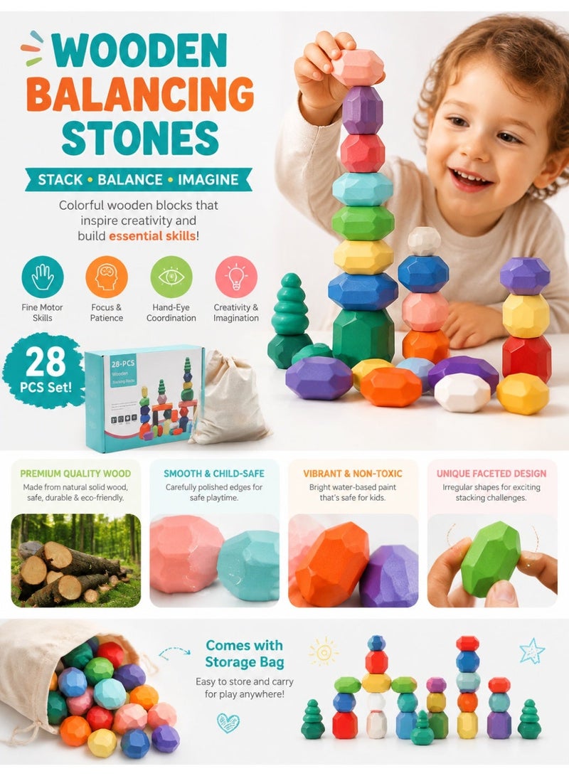 Wooden Rainbow Stacking Rocks for Kids, 28 PCS Sensory Balancing Toys Educational STEM Set, Creative Montessori Building Kit Ages 3+ - Image 5