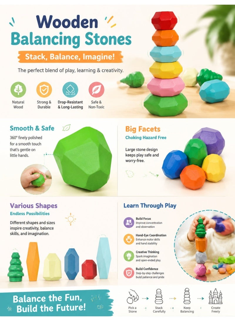 Wooden Rainbow Stacking Rocks for Kids, 28 PCS Sensory Balancing Toys Educational STEM Set, Creative Montessori Building Kit Ages 3+ - Image 2