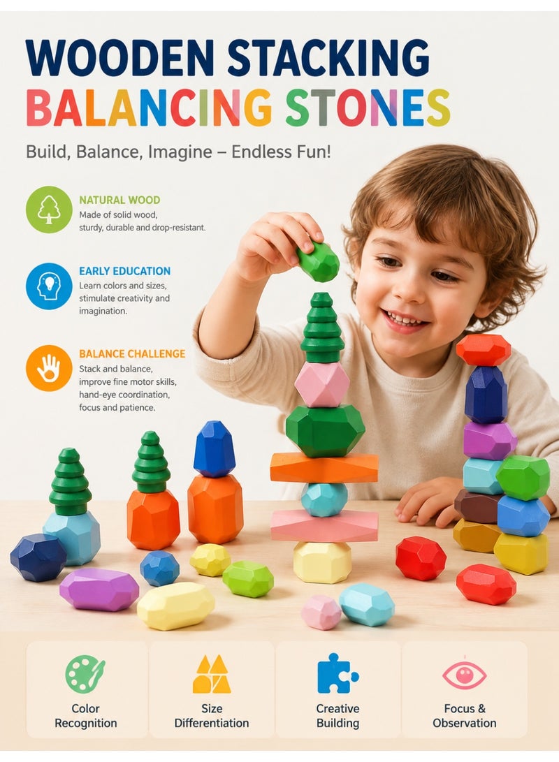 Wooden Rainbow Stacking Rocks for Kids, 28 PCS Sensory Balancing Toys Educational STEM Set, Creative Montessori Building Kit Ages 3+ - Image 1