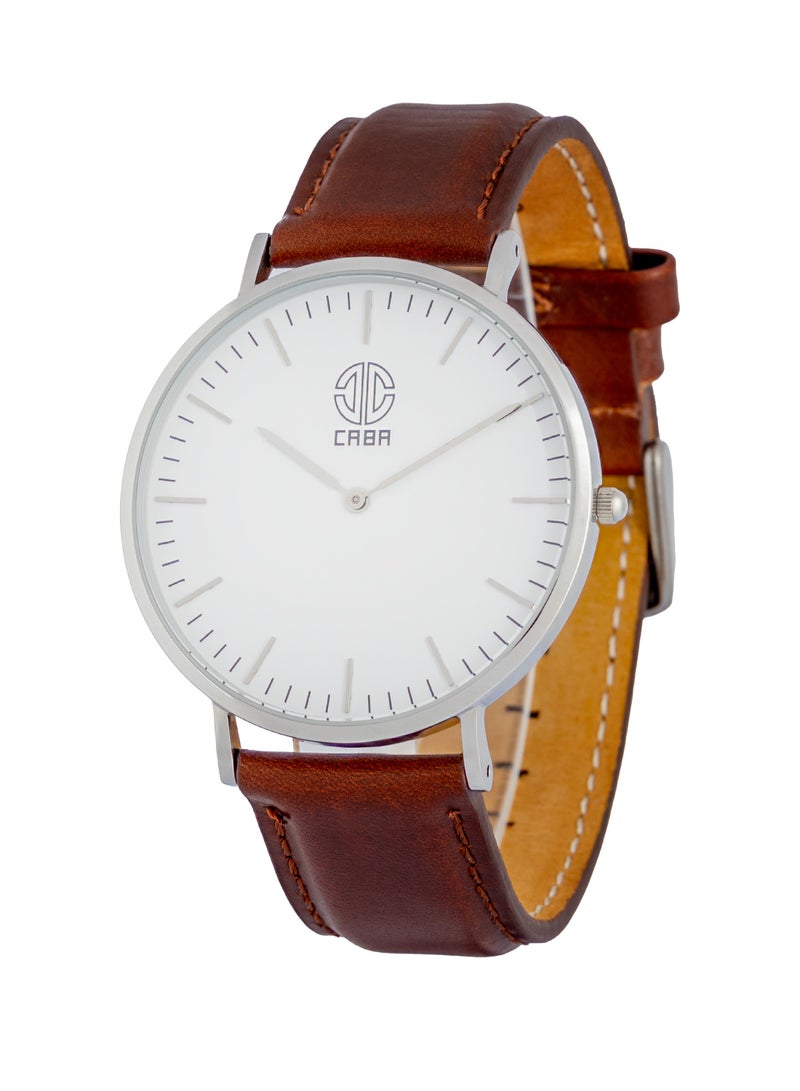 CABA Men's Watch, Classic Design, White Dial, High Quality Leather Watch Strap, Waterproof, Brown - 310119002338M - Image 3