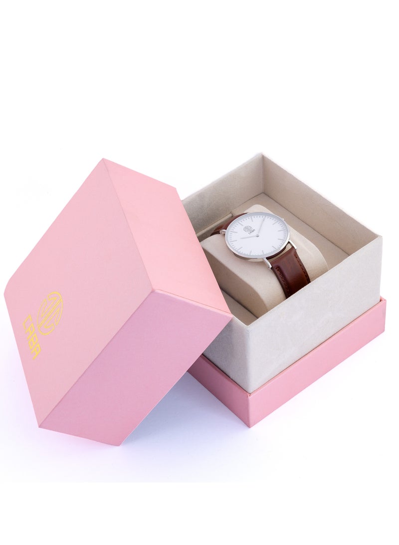 CABA Men's Watch, Classic Design, White Dial, High Quality Leather Watch Strap, Waterproof, Brown - 310119002338M - Image 2