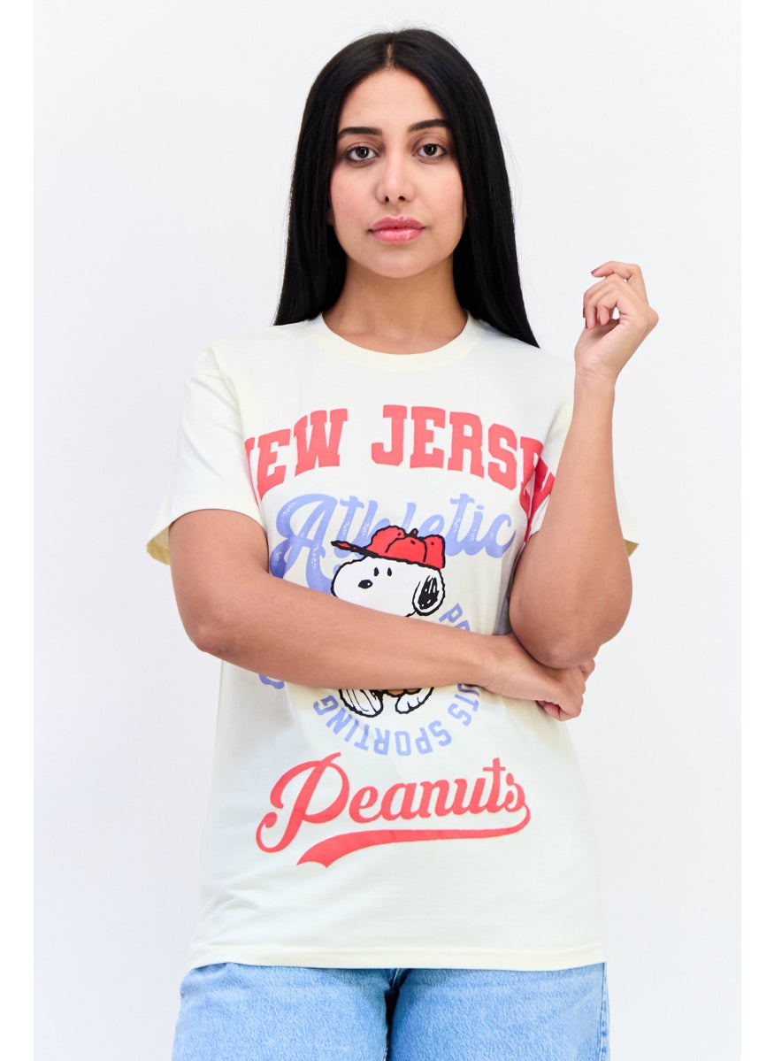 Peanuts Women Crew Neck Short Sleeves Graphic Print T-shirt, Beige  - Image 1