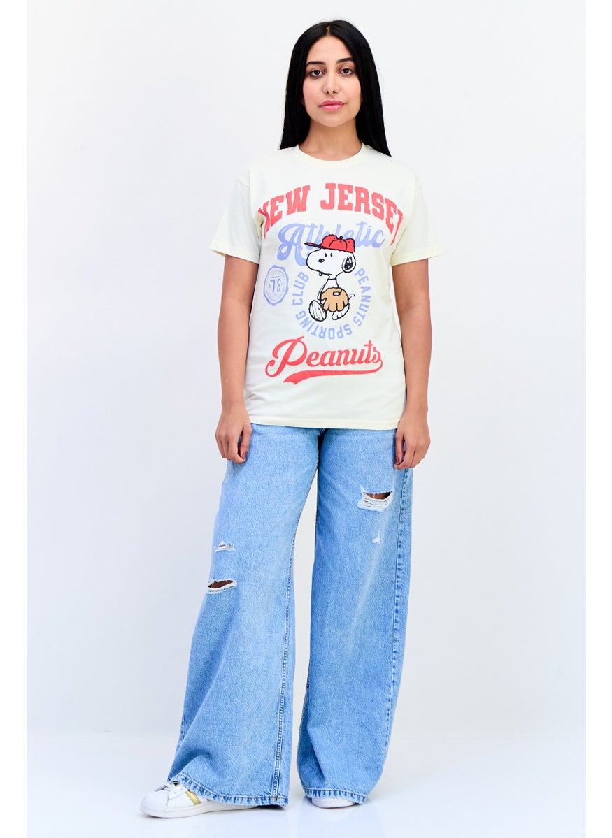 Peanuts Women Crew Neck Short Sleeves Graphic Print T-shirt, Beige  - Image 4