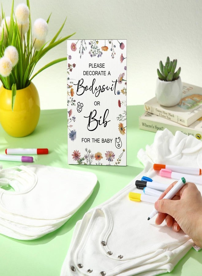 Roowest 35 Pcs Baby Shower Bibs Games Design Wooden Baby Shower Party Game Sign DIY Bodysuit Sign 15 White Blank Feeder Bibs 9 Newborn Bodysuit 10 Markers for Boys Girls (Wildflowers) - Image 4
