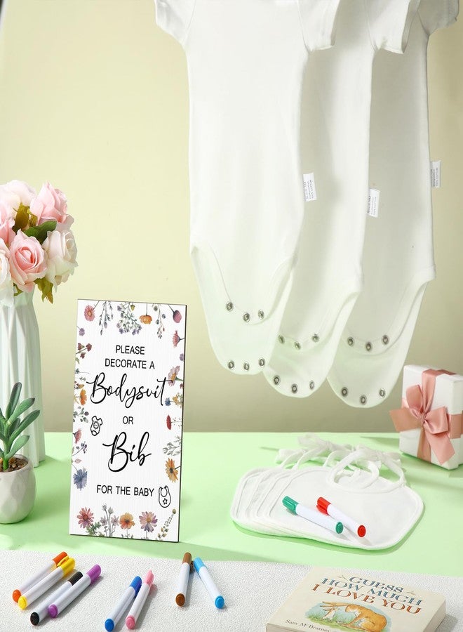 Roowest 35 Pcs Baby Shower Bibs Games Design Wooden Baby Shower Party Game Sign DIY Bodysuit Sign 15 White Blank Feeder Bibs 9 Newborn Bodysuit 10 Markers for Boys Girls (Wildflowers) - Image 5