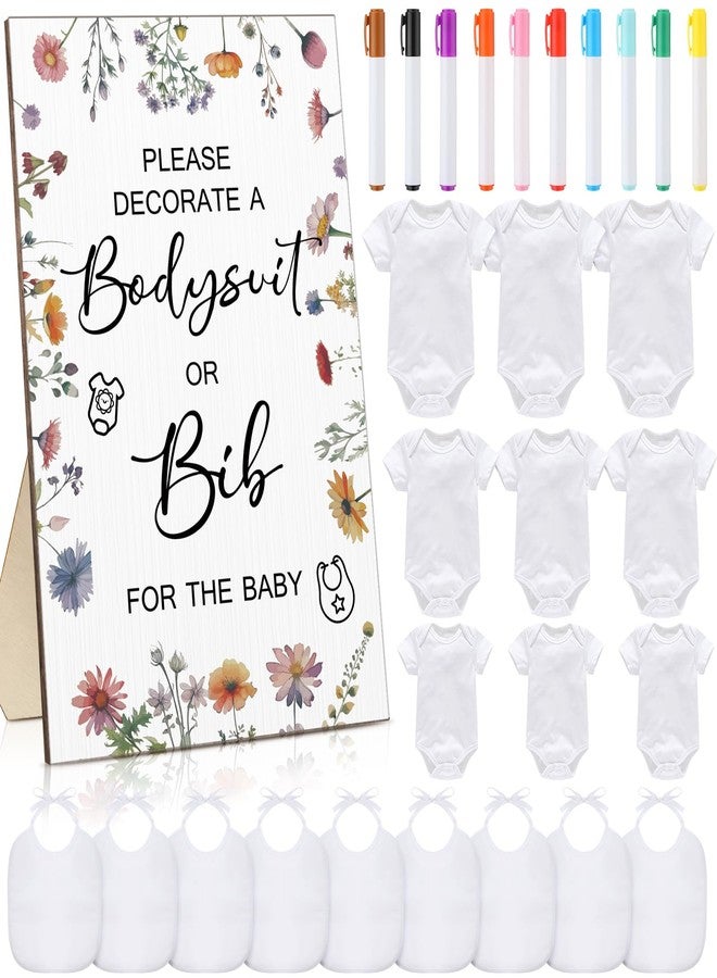 Roowest 35 Pcs Baby Shower Bibs Games Design Wooden Baby Shower Party Game Sign DIY Bodysuit Sign 15 White Blank Feeder Bibs 9 Newborn Bodysuit 10 Markers for Boys Girls (Wildflowers) - Image 1