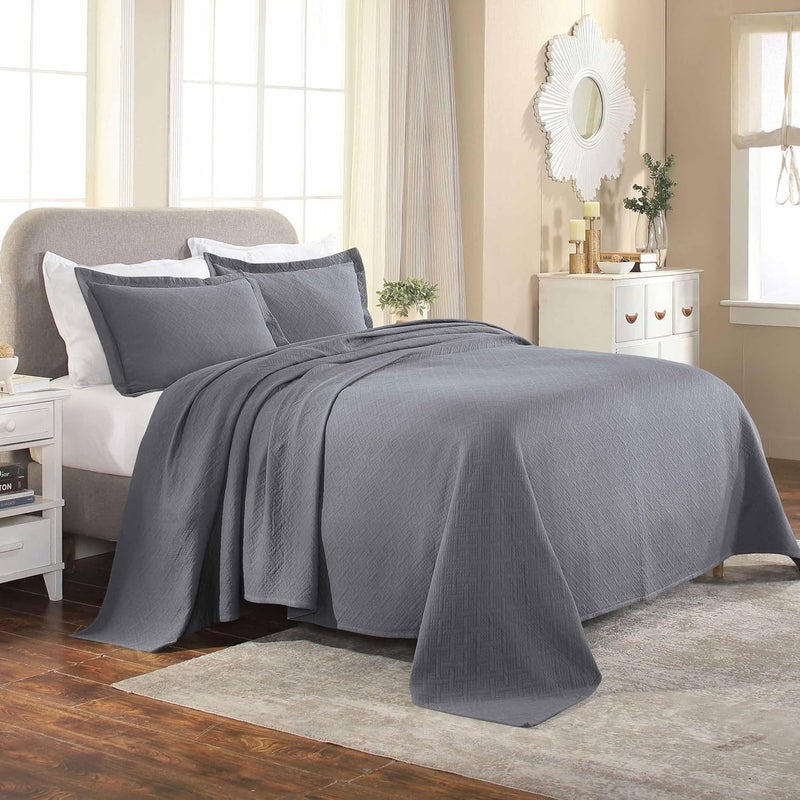 Superior Superior 100 Cotton Basket Weave Bedspread with Shams AllSeason Premium Cotton Matelasse Jacquard Bedding QuiltedLook Geometric Basket Queen Grey 