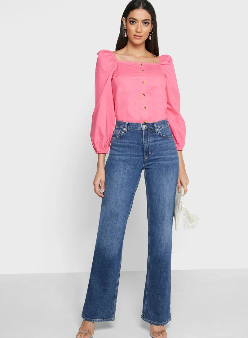 FabAlley Hot Pink Blouson Sleeve Buttoned Top