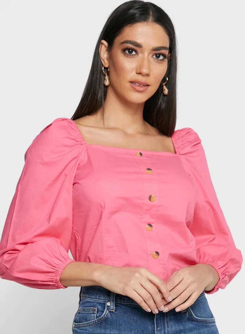 FabAlley Hot Pink Blouson Sleeve Buttoned Top