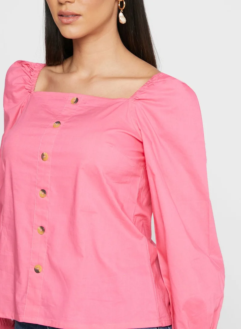FabAlley Hot Pink Blouson Sleeve Buttoned Top