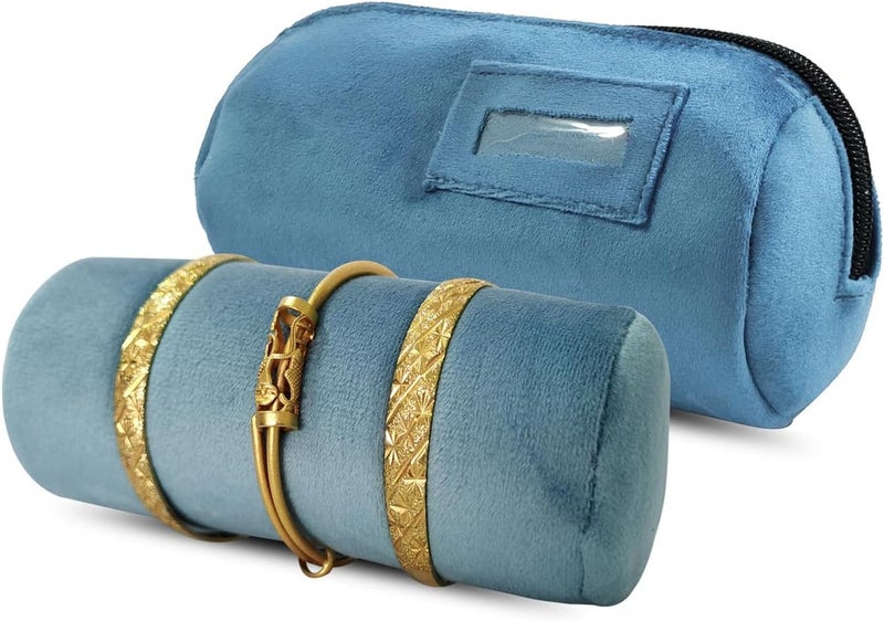 SCIKHEFT Velvet Bangle & Bracelet Organizers and Storage Small Jewelry Travel Organizer Roll, Compact Jewelry Case for Bangles, Bracelets, Watches(Light Blue) - Image 4