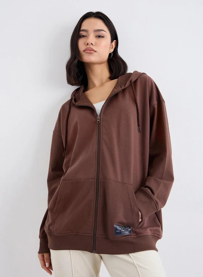 ستايلي Styli Oversized Zip Through Hoodie with Badge Detail