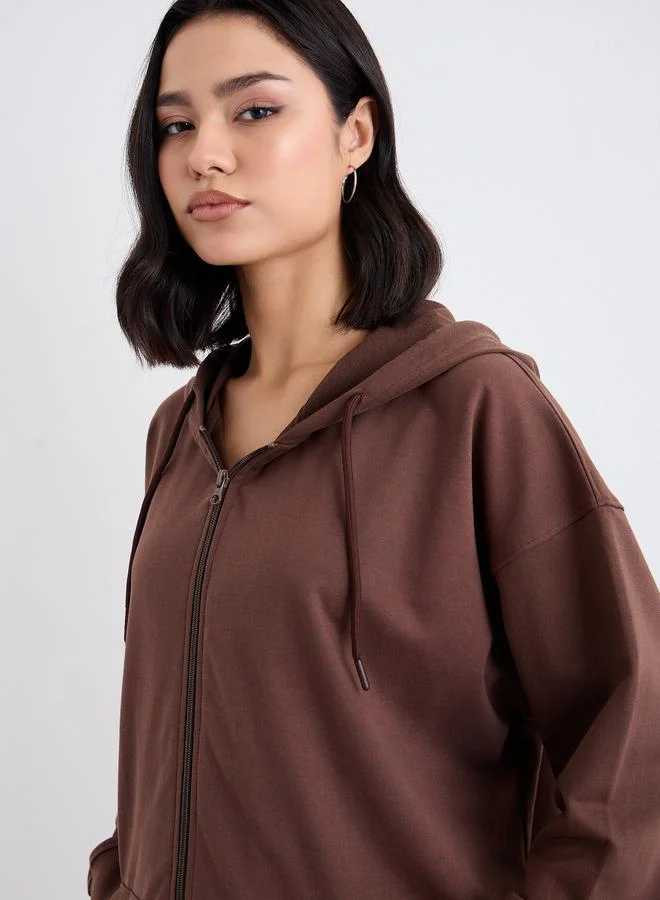 Styli Oversized Zip Through Hoodie with Badge Detail