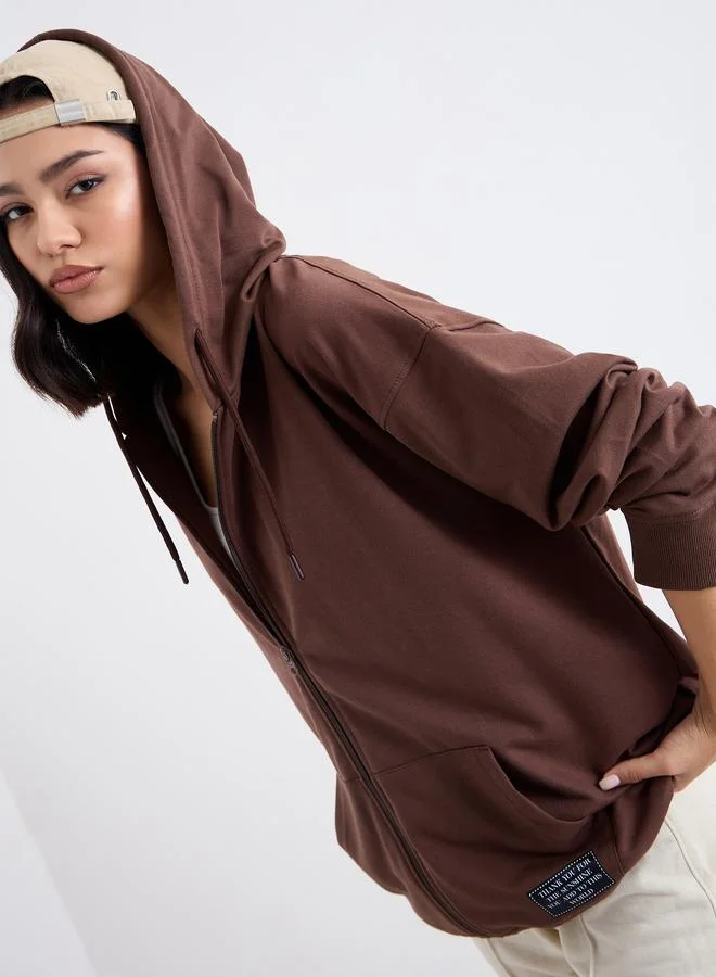Styli Oversized Zip Through Hoodie with Badge Detail