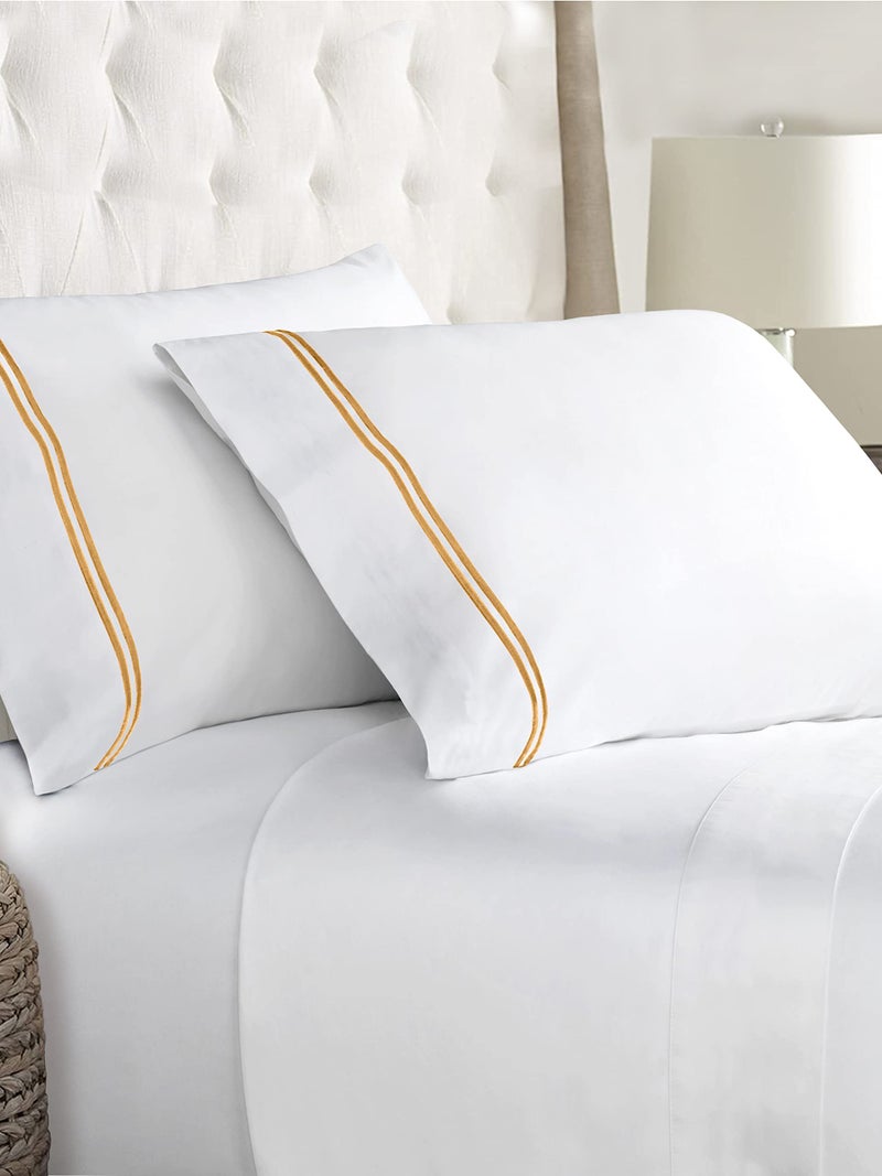 Linenwalas 400 Thread Count White Bedsheet Cotton with 1 Marrow Embroidery Pillow Covers | Softest Long Staple 100% Cotton Silky Soft - Single (60"x90") - Gold Marrow Embroidery - Image 1