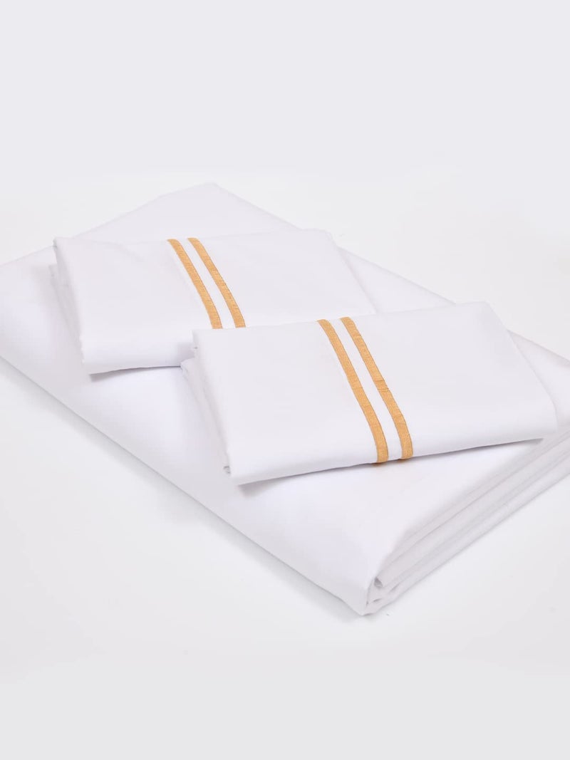 Linenwalas 400 Thread Count White Bedsheet Cotton with 1 Marrow Embroidery Pillow Covers | Softest Long Staple 100% Cotton Silky Soft - Single (60"x90") - Gold Marrow Embroidery - Image 4