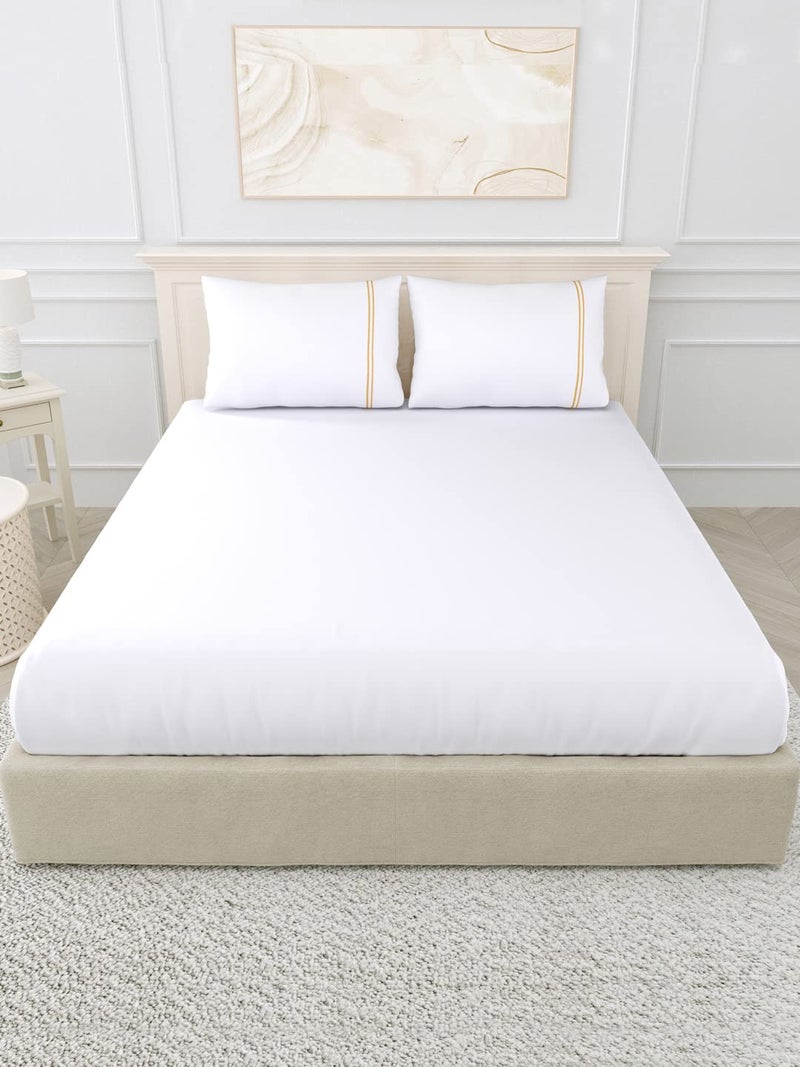Linenwalas 400 Thread Count White Bedsheet Cotton with 1 Marrow Embroidery Pillow Covers | Softest Long Staple 100% Cotton Silky Soft - Single (60"x90") - Gold Marrow Embroidery - Image 2