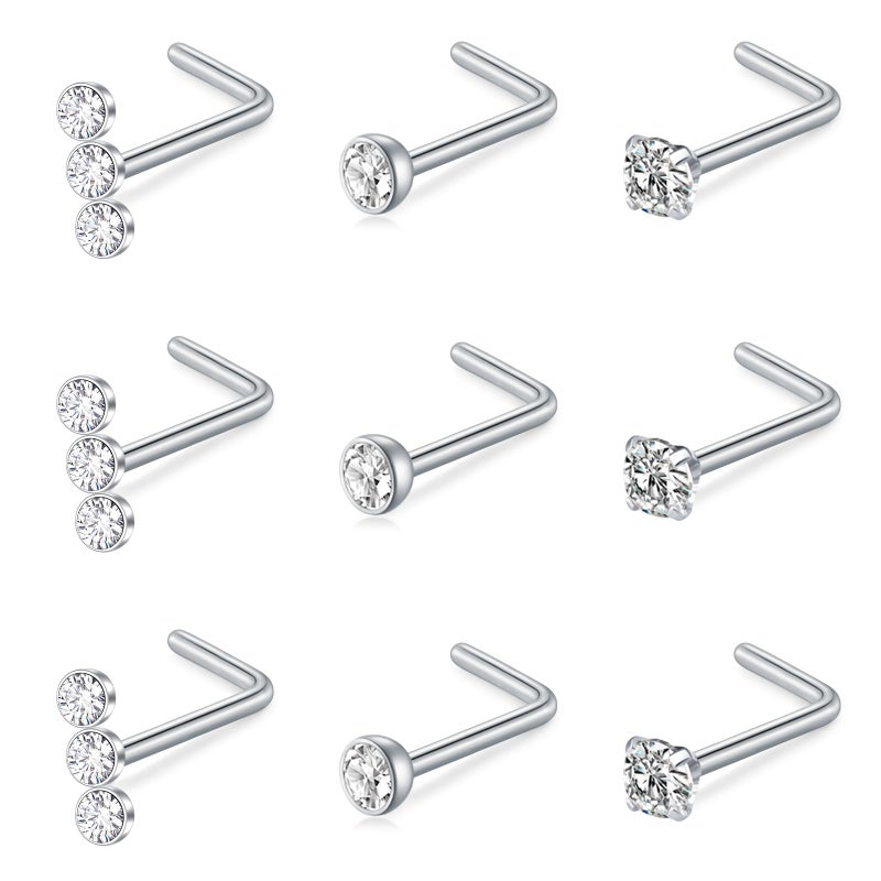 Mayhoop 20G Nose Rings Studs 316L Surgical Stainless Steel L Shape Bone Diamond Heart Corkscrew Nose Ring Nostril Piercing Jewelry for Women Men - Image 1