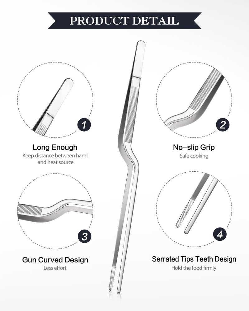 SouxMux 12-inch Cooking Tweezer and Offset Tweezer Set, Tongs Precision Serrated Tips, Stainless Steel Professional Chef Tweezer Kitchen Tools for BBQ, Plating and Serving - Image 2