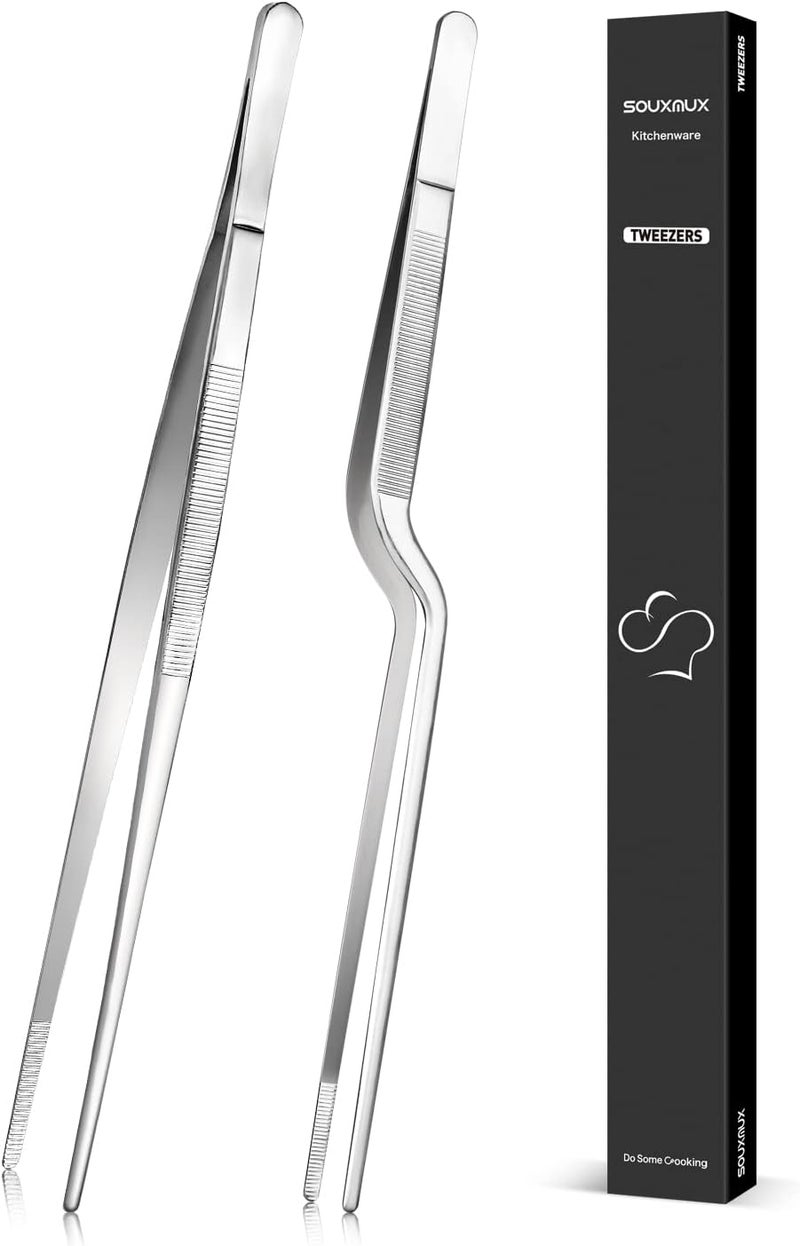 SouxMux 12-inch Cooking Tweezer and Offset Tweezer Set, Tongs Precision Serrated Tips, Stainless Steel Professional Chef Tweezer Kitchen Tools for BBQ, Plating and Serving - Image 1