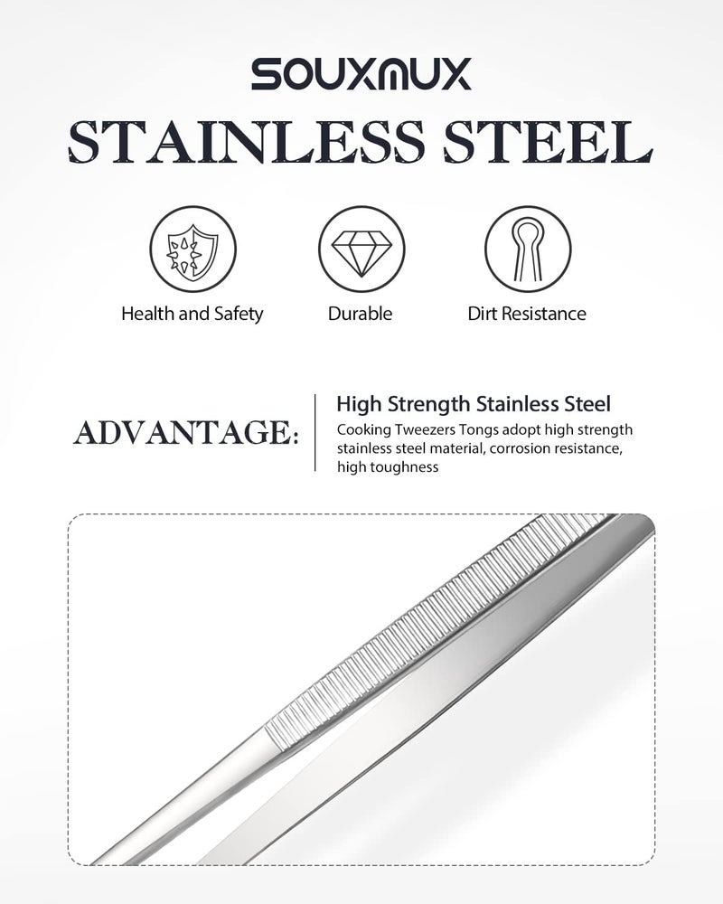 SouxMux 12-inch Cooking Tweezer and Offset Tweezer Set, Tongs Precision Serrated Tips, Stainless Steel Professional Chef Tweezer Kitchen Tools for BBQ, Plating and Serving - Image 4