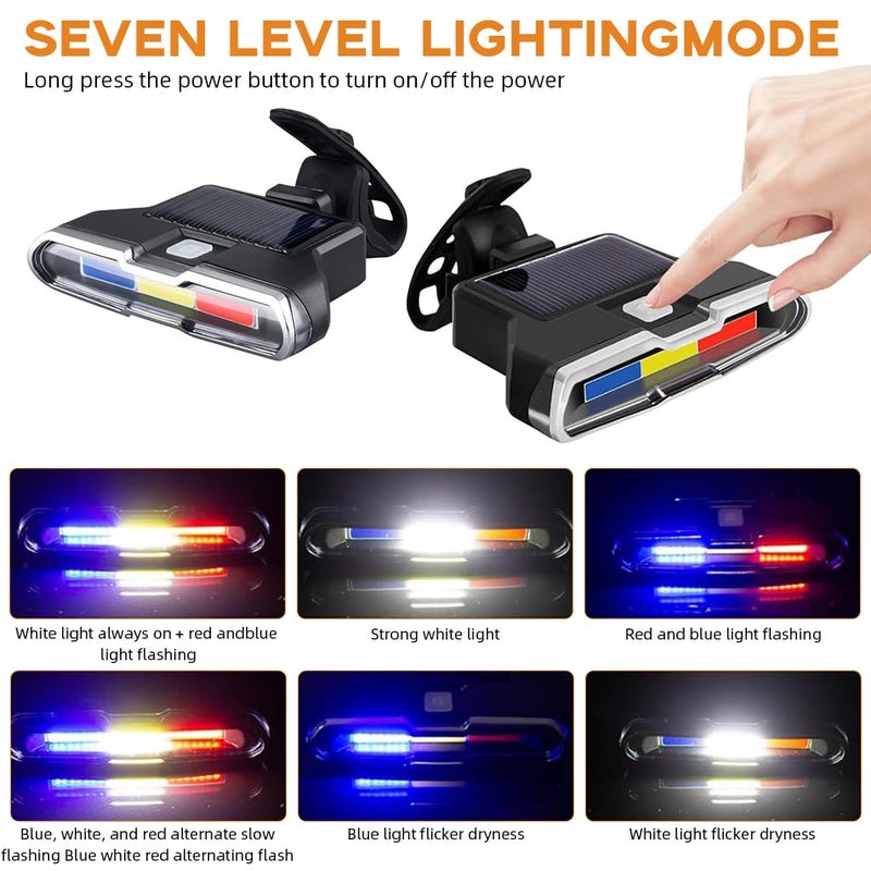 Proberos ® LED Cycle Llights for Bicycle, Solar Powered&USB Rechargeable Bike Safety Light 3-Color Warning with 7 Lighting Modes, Waterproof Tail Outdoor Riding Under Saddle - Image 4