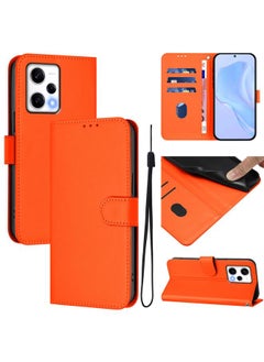 جراب هاتف جلدي بلون سادة لهاتف Redmi Note 12 Explorer Skin Feel مع حزام (برتقالي)