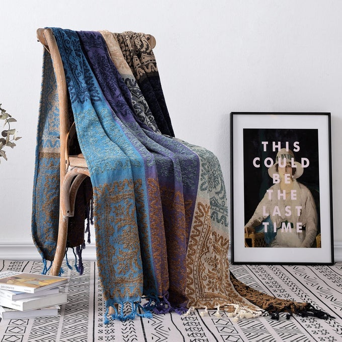 BOHO CHAIR COVER COLORFUL CHENILLE TASSELS HIPPIE THROW BLANKET FOR COUCH BED SOFA RECLINER LOVESEAT BLANKET FOR BOHEMIAN LIVING ROOM DECOR PURPLE6075