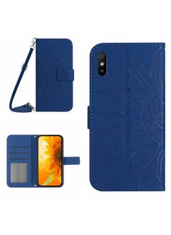 HuHa Case Cover For Xiaomi Redmi 9A / 9i Skin Feel Sun Flower Pattern Flip Leather Phone Case with Lanyard Dark Blue 