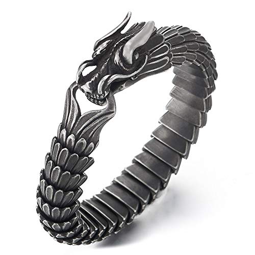 COOLSTEELANDBEYOND Retro Style Mens Steel Dragon Link Chain Bracelet, Vintage Old Metal Finishing, Spring Hook Clasp - Image 1