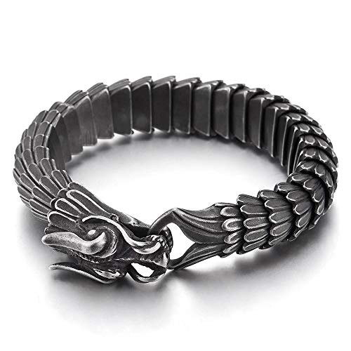 COOLSTEELANDBEYOND Retro Style Mens Steel Dragon Link Chain Bracelet, Vintage Old Metal Finishing, Spring Hook Clasp - Image 2