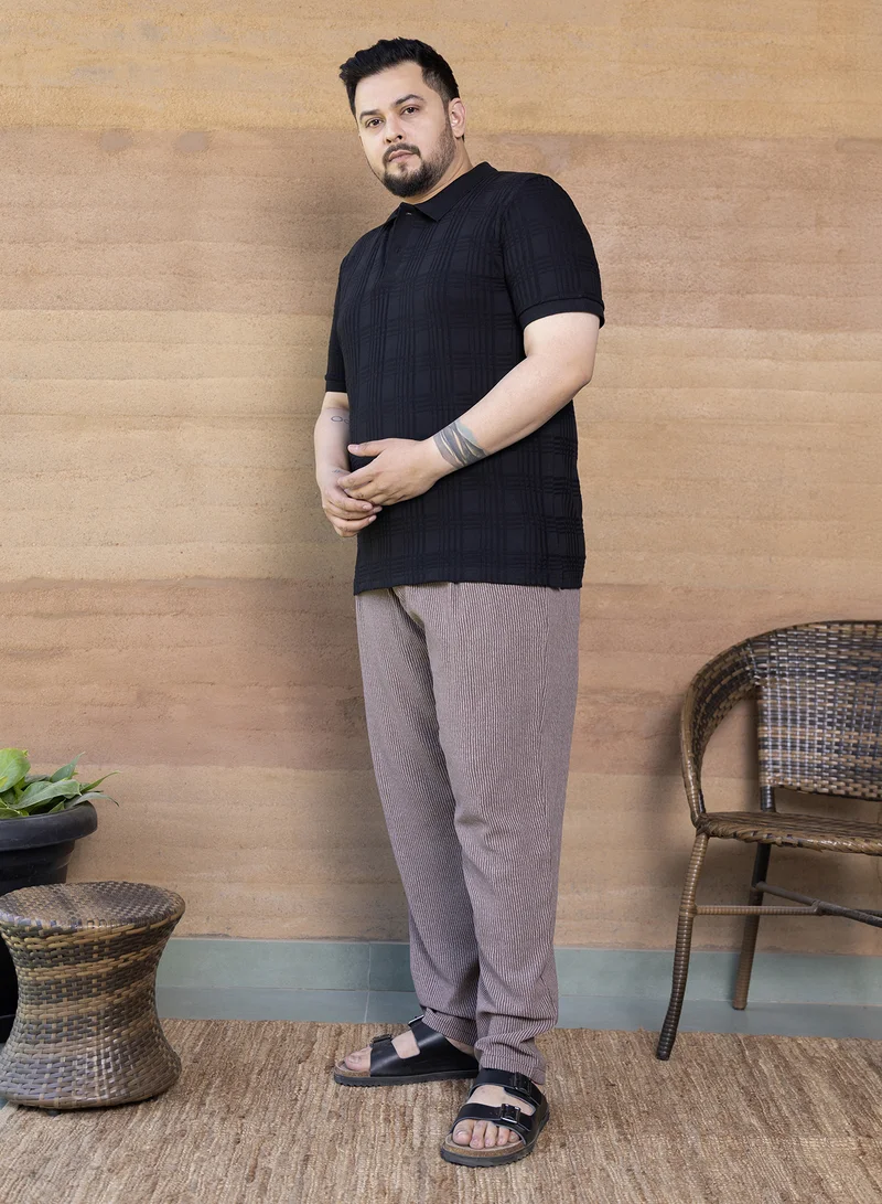 Instafab Plus Instafab Plus Men's Onyx Black Intertwine-Textured Polo T-Shirt For Casual Wear | Polo Neck | Short Cuffed Sleeves | Half-Button Closure | Plus Size T-Shirt Crafted With Comfort Fit For Everyday Wear