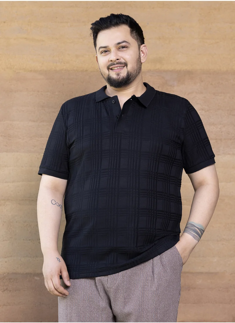 انستافاب بلس Instafab Plus Men's Onyx Black Intertwine-Textured Polo T-Shirt For Casual Wear | Polo Neck | Short Cuffed Sleeves | Half-Button Closure | Plus Size T-Shirt Crafted With Comfort Fit For Everyday Wear