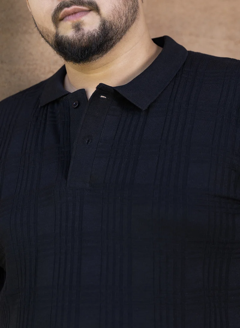 Instafab Plus Instafab Plus Men's Onyx Black Intertwine-Textured Polo T-Shirt For Casual Wear | Polo Neck | Short Cuffed Sleeves | Half-Button Closure | Plus Size T-Shirt Crafted With Comfort Fit For Everyday Wear