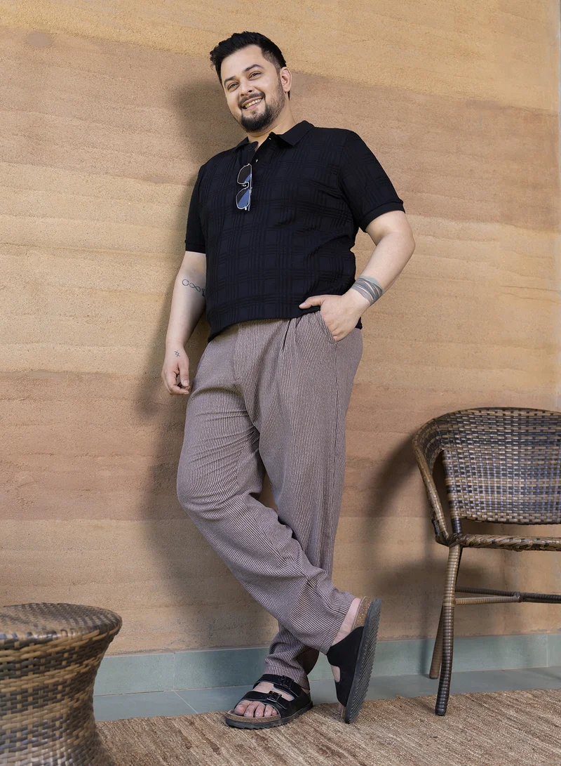 Instafab Plus Instafab Plus Men's Onyx Black Intertwine-Textured Polo T-Shirt For Casual Wear | Polo Neck | Short Cuffed Sleeves | Half-Button Closure | Plus Size T-Shirt Crafted With Comfort Fit For Everyday Wear