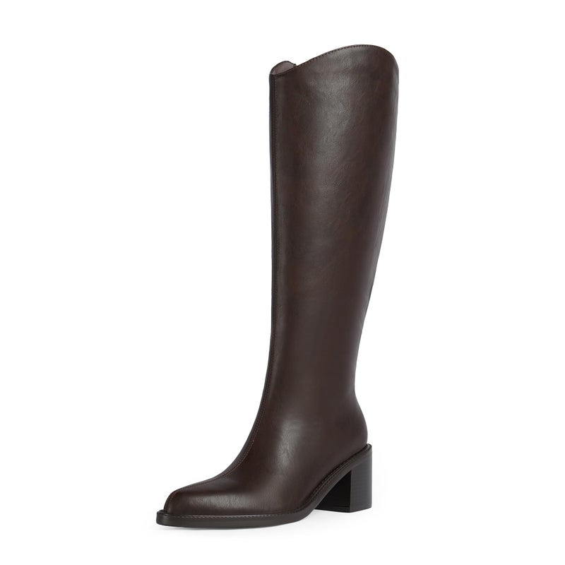 Modatope Chocolate Dark Brown Knee High Boots for Women Pointed Toe Chunky Block Heel Tall Boots Side Zipper Long Riding Boot Size 8 - Image 1