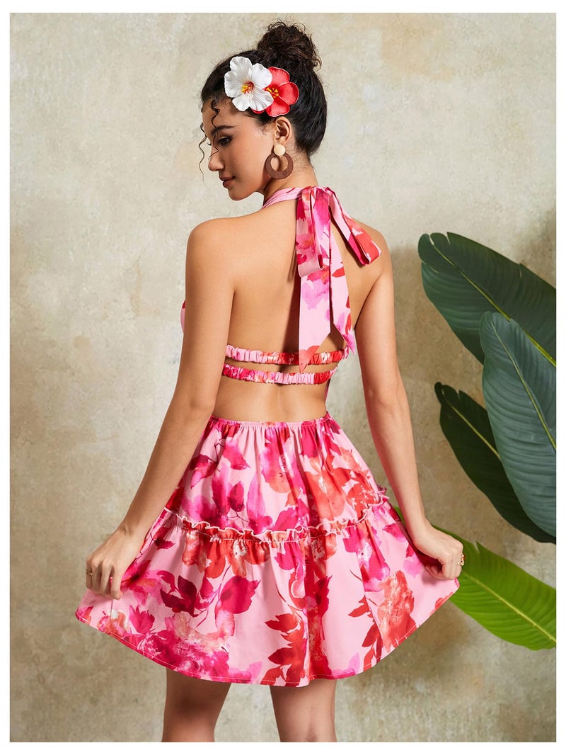 Floerns Women's Floral Print Sleeveless Halter Neck Layered Hem A Line Mini Dress Pink Small - Image 2