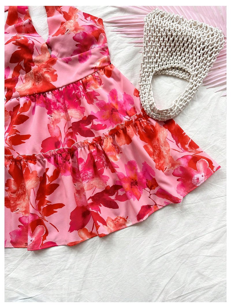 Floerns Women's Floral Print Sleeveless Halter Neck Layered Hem A Line Mini Dress Pink Small - Image 4