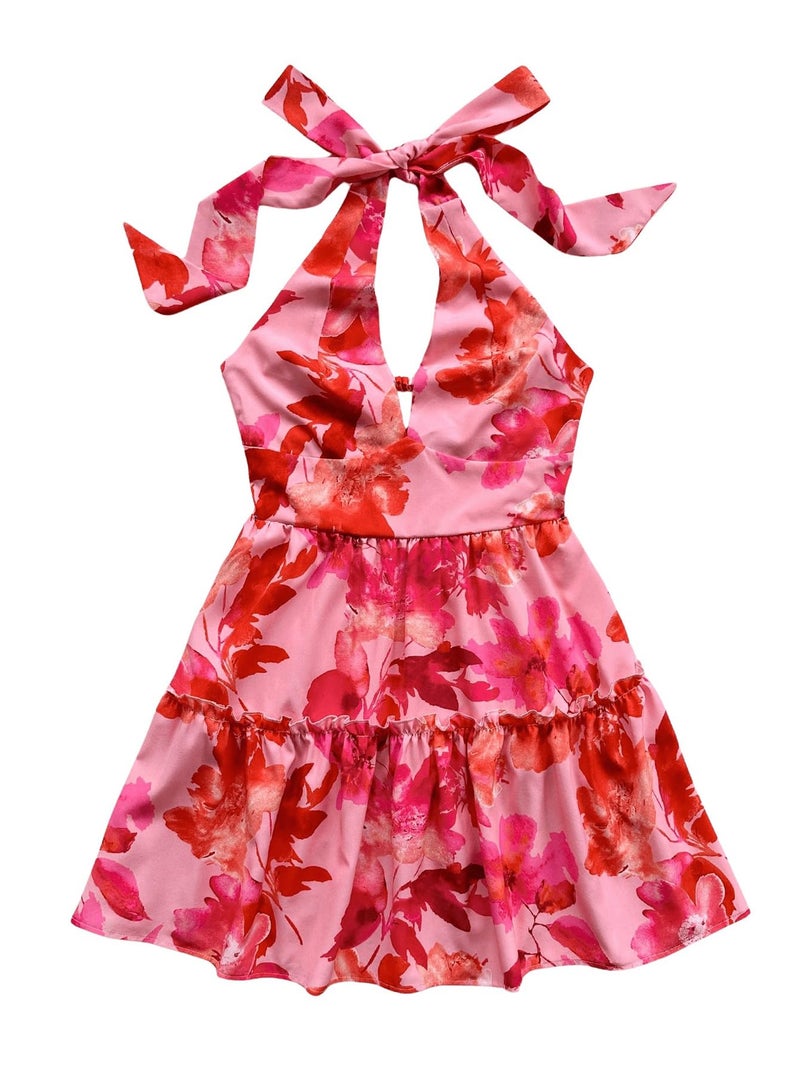 Floerns Women's Floral Print Sleeveless Halter Neck Layered Hem A Line Mini Dress Pink Small - Image 1