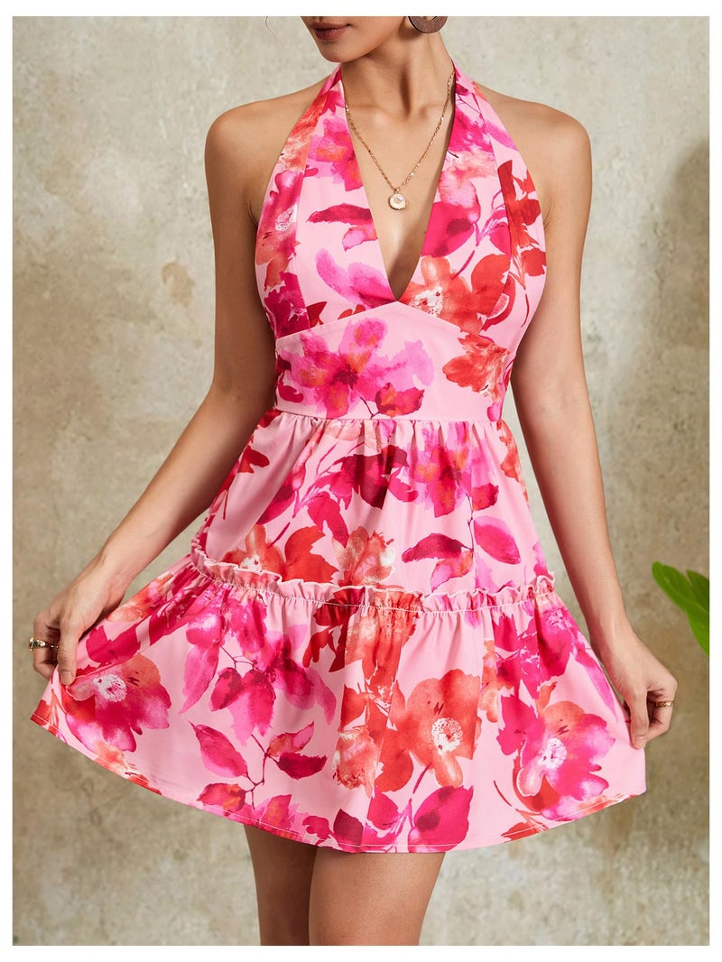 Floerns Women's Floral Print Sleeveless Halter Neck Layered Hem A Line Mini Dress Pink Small - Image 5