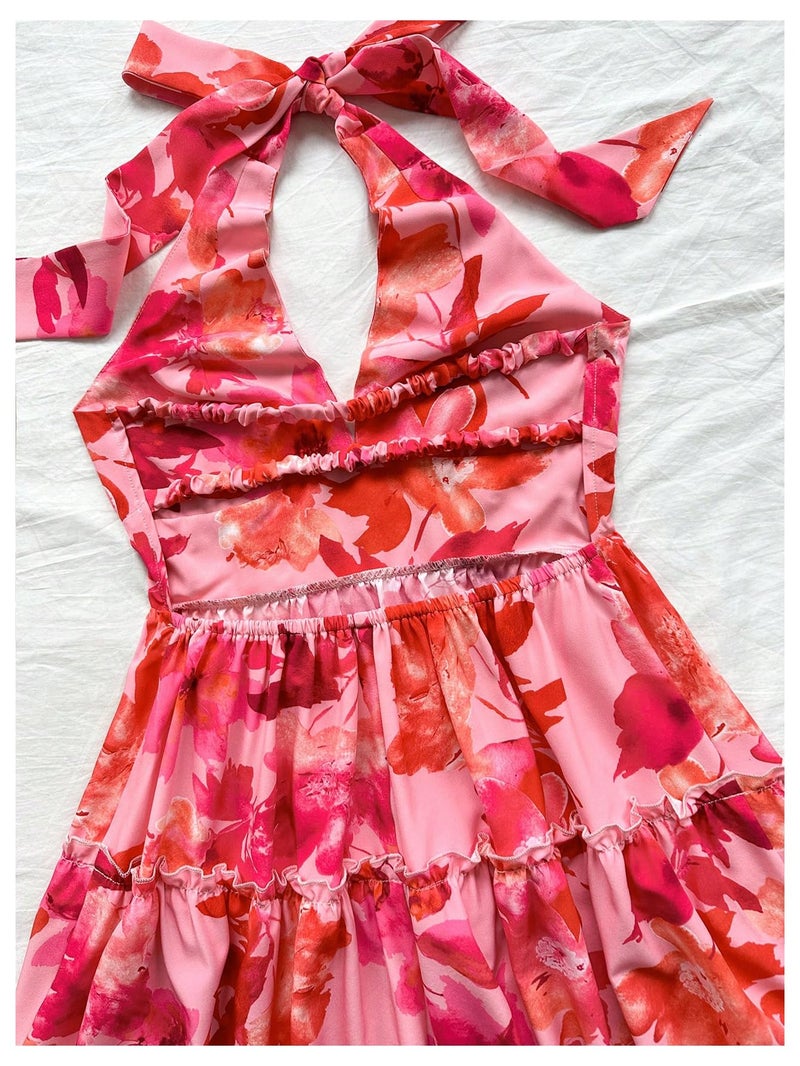 Floerns Women's Floral Print Sleeveless Halter Neck Layered Hem A Line Mini Dress Pink Small - Image 3