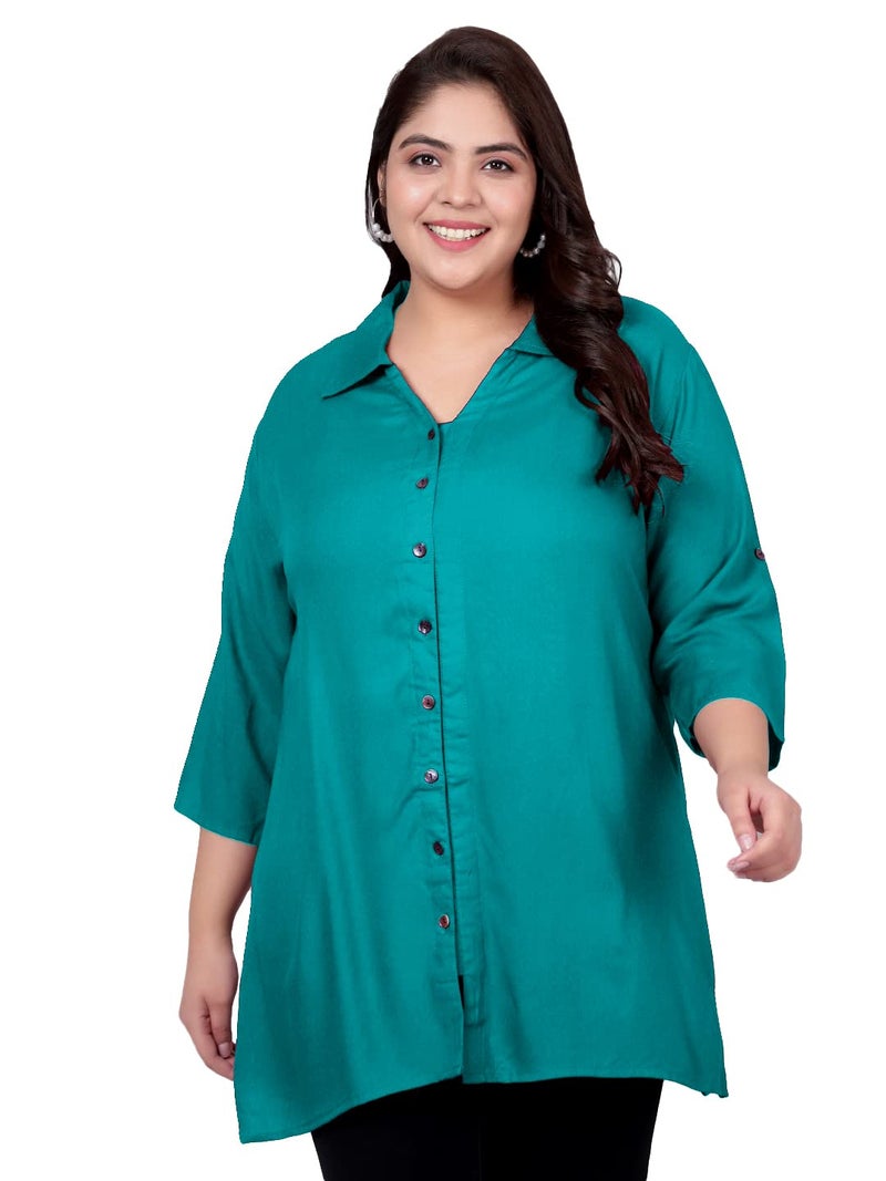 Indietoga Women's Plus Size Rayon Longline Regular Fit Casual Shirts (P10001379_Blue Solid_2Xl) - Image 1