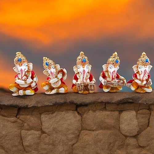 Karigaari India Musical Ganesha Idol Set of 5 Cute Ganeshji Showpiece for Car Dashboard Home Decor Spiritual Ganpati Murti Decorative Gift Item Dashboard Accessories Indian Festival - Image 3