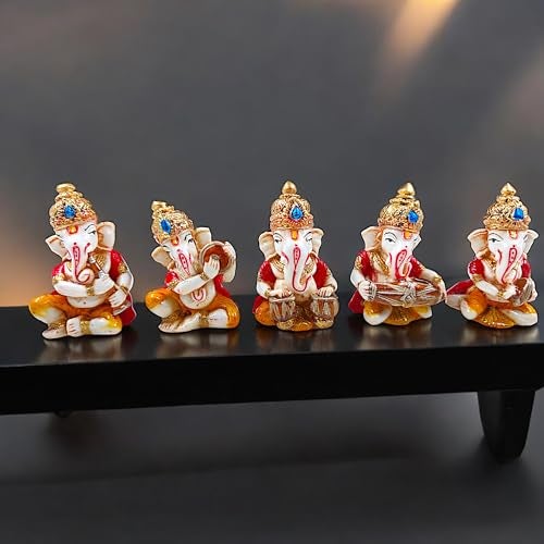 Karigaari India Musical Ganesha Idol Set of 5 Cute Ganeshji Showpiece for Car Dashboard Home Decor Spiritual Ganpati Murti Decorative Gift Item Dashboard Accessories Indian Festival - Image 2