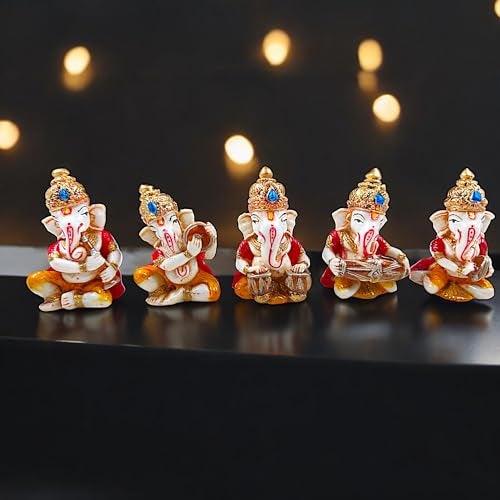 Karigaari India Musical Ganesha Idol Set of 5 Cute Ganeshji Showpiece for Car Dashboard Home Decor Spiritual Ganpati Murti Decorative Gift Item Dashboard Accessories Indian Festival - Image 1
